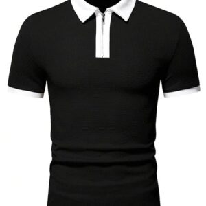 Men’s Waffle Knitted Polo Neck Half Sleeves T-shirt(Black)
