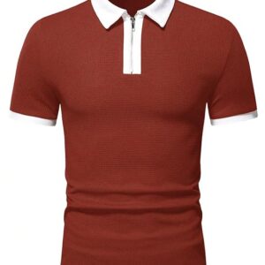 Men's Waffle Knitted Polo Neck Half Sleeves T-shirt(Brown)