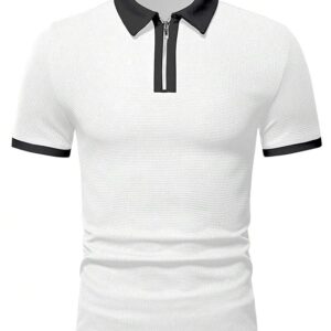 Men’s Waffle Knitted Polo Neck Half Sleeves T-shirt(White)